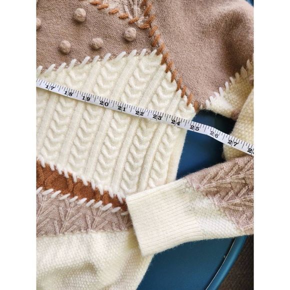 Women Khaki Colorblock Patchwork Pom Pom Knit Sweater Size XL fall oversized EUC - Picture 11 of 14